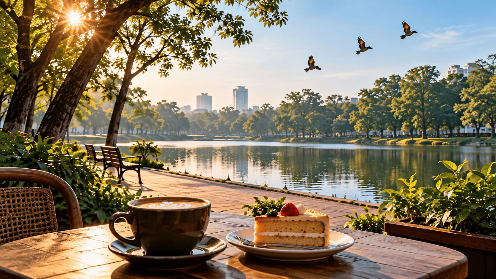 A peaceful morning by the lake with birds and trees
