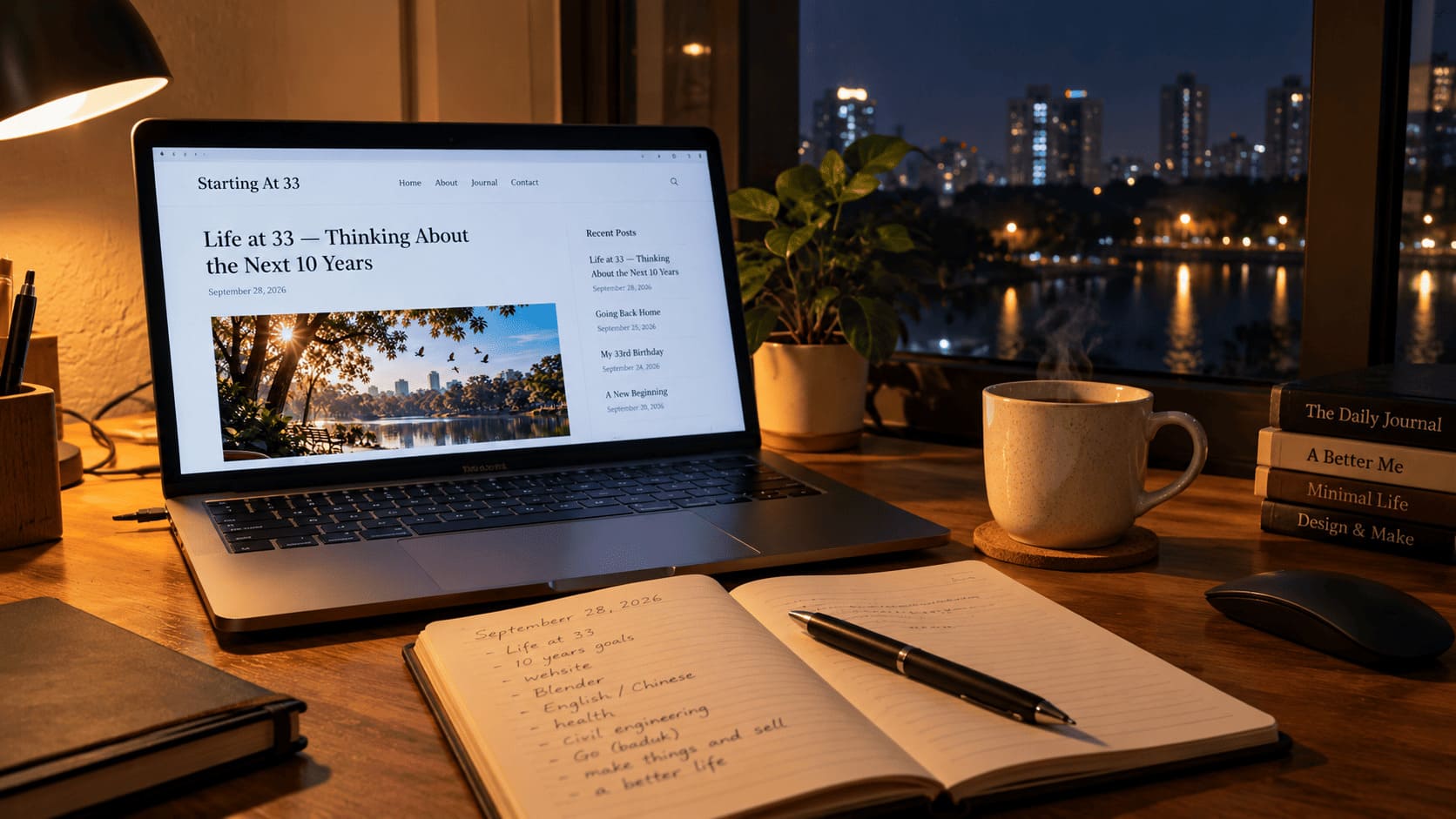 Writing a personal journal at night with a laptop and notebook